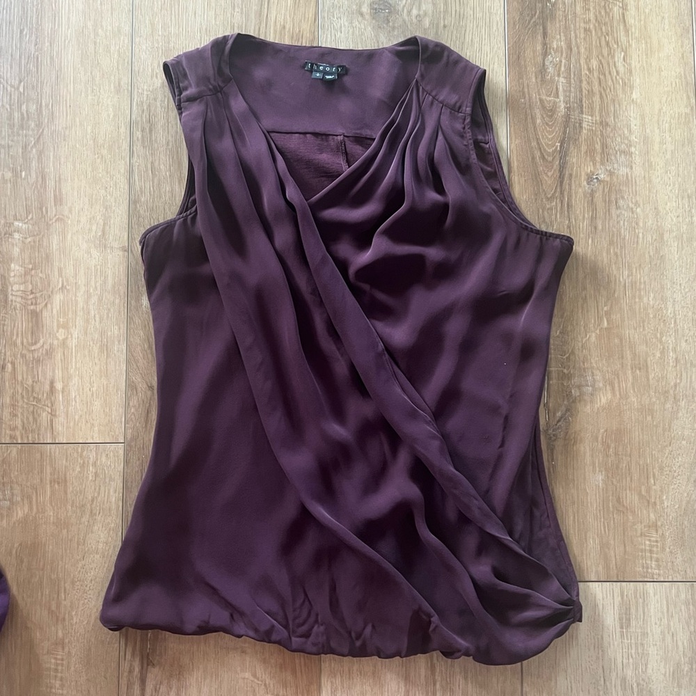 Theory 100% Silk Deep Purple Draped Crossover Sleeveless Blouse Top Large